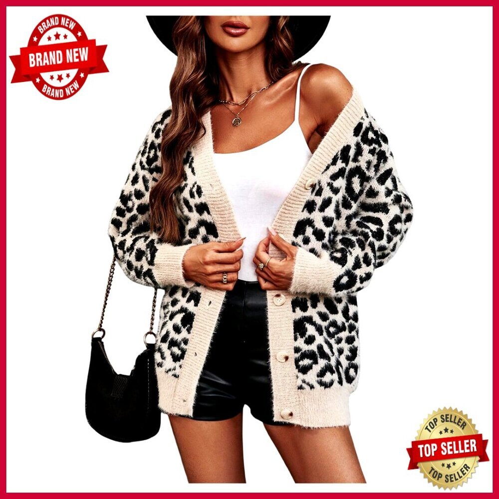Leopard Knit Button Up Cardigan Fuzzy Sweater V Neck Long Sleeve Outerwear
